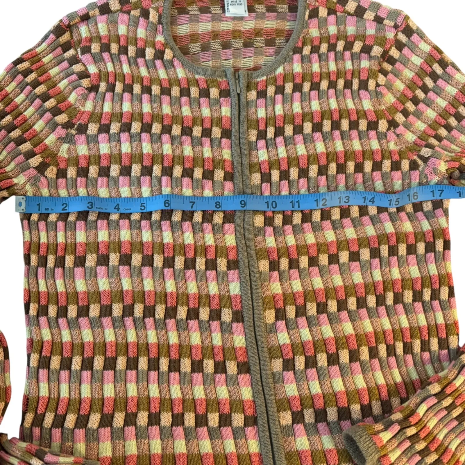 Talbots Knit Cardigan Sweater Pink Brown metallic Plaid Full Zip Long Sleeve M/L - Image 3