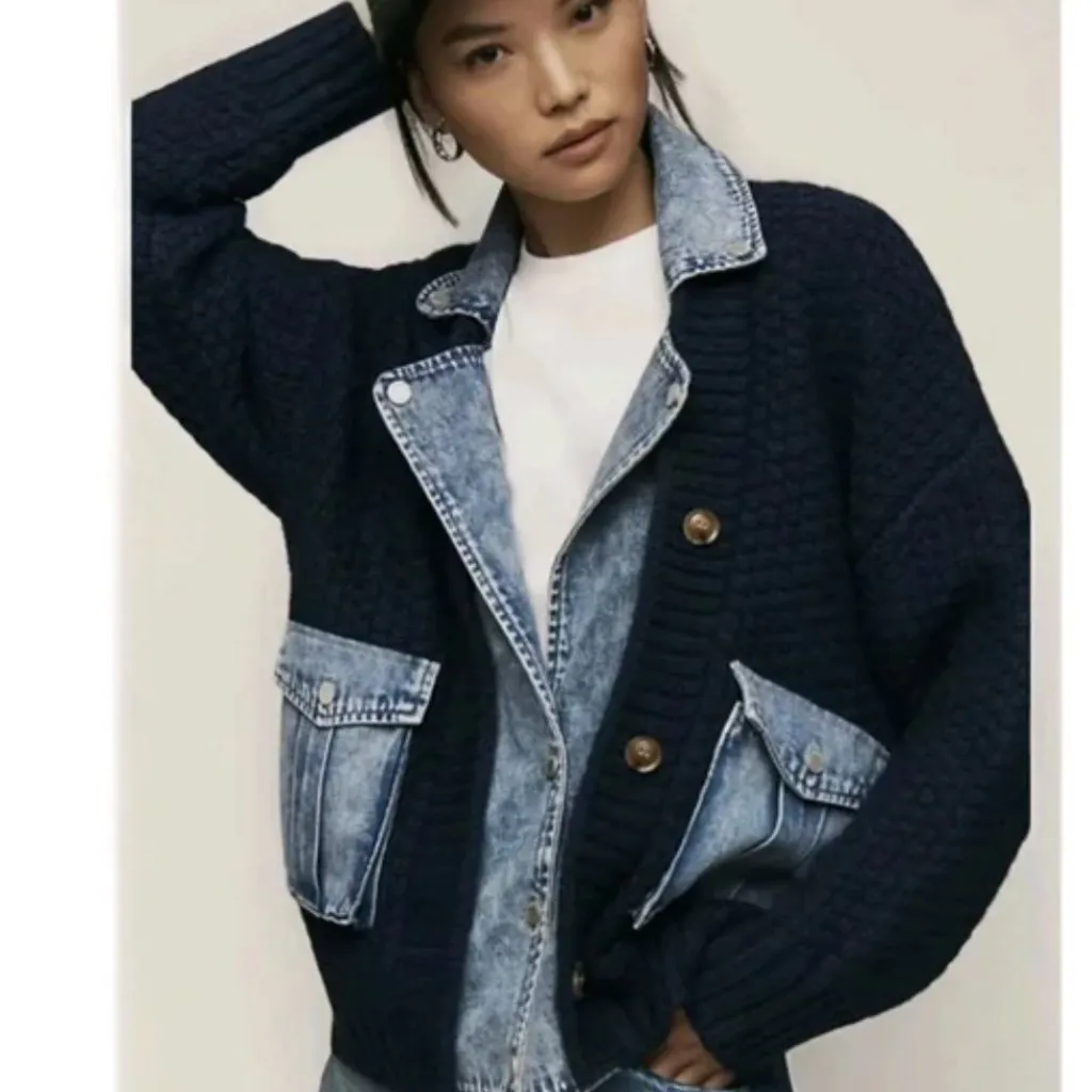 NWT Anthropologie X Blank-NYC Last Call Mixed Media Cardigan Jacket Denim Wool - Image 5