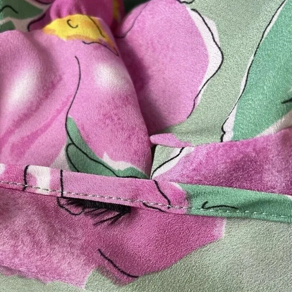 Vintage 90s Blouse Green Pink V Neck Abstract Print Tie at Side Waist Size L Size L - Image 12