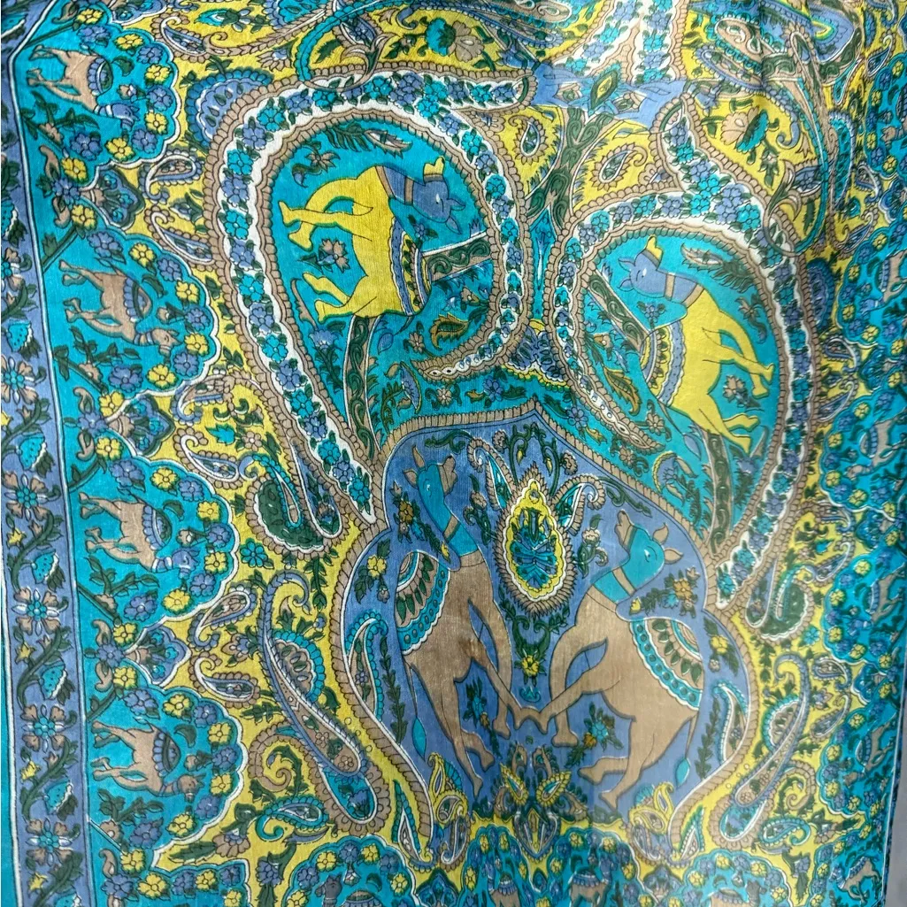 Vintage Pure Silk Crepe Batik Print Scarves Set of 2 Teal Blue Animals Paisley - Image 13