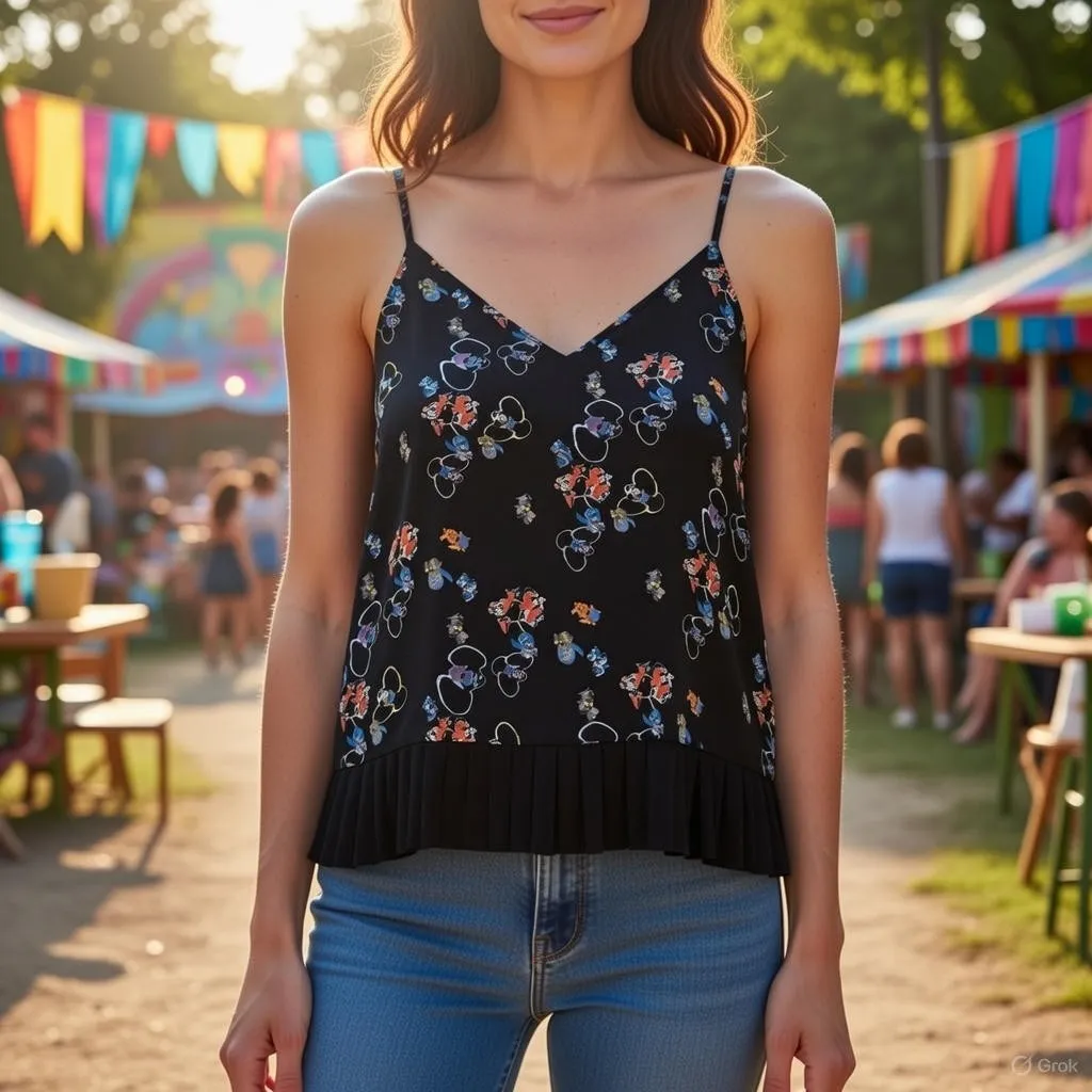 Rebecca Minkoff Camisole Top Womens Medium Black Disney Pleated Hem - Image 2