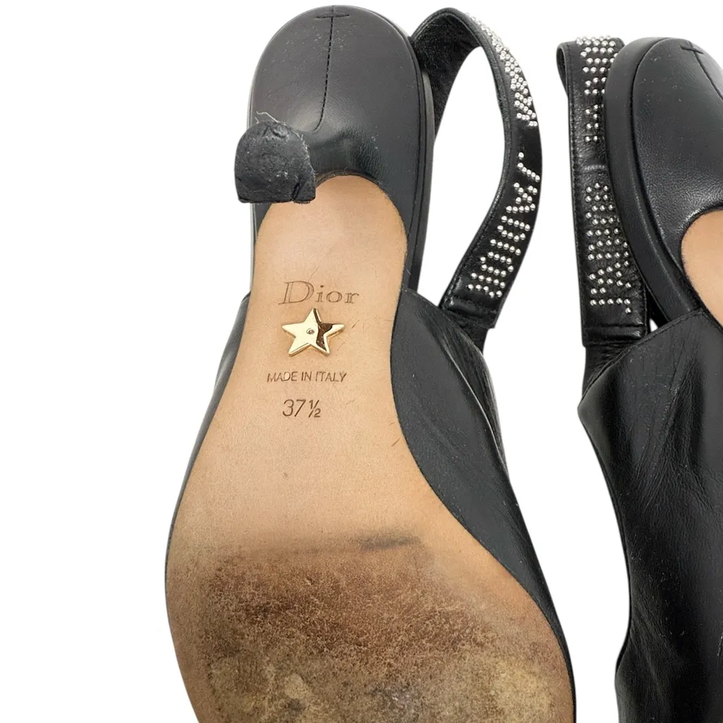 Dior J’Adior Studded Logo Ribbon Black Leather Slingback Pumps Size 37.5 - Image 12