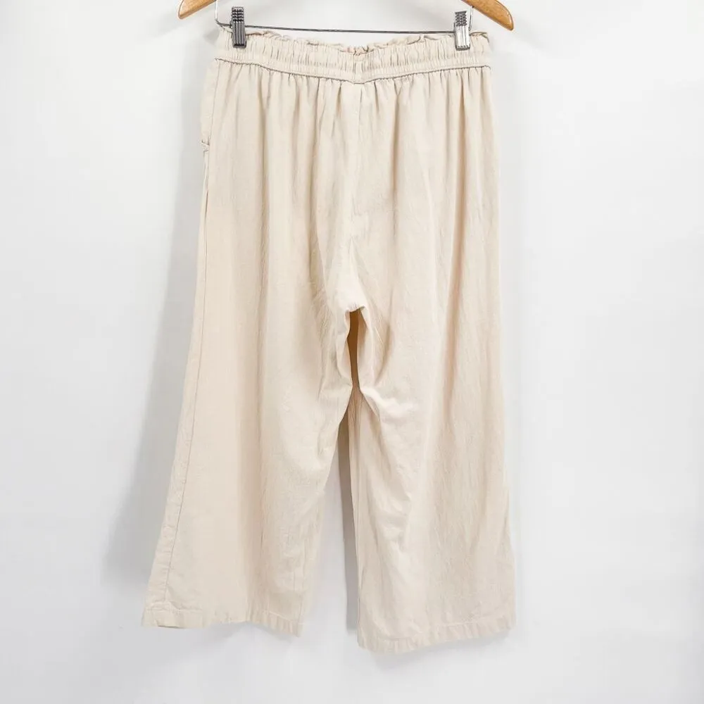 Linen Cropped Wide Leg High Waisted Tan Drawstring Waist Pants Lightweight - Image 2