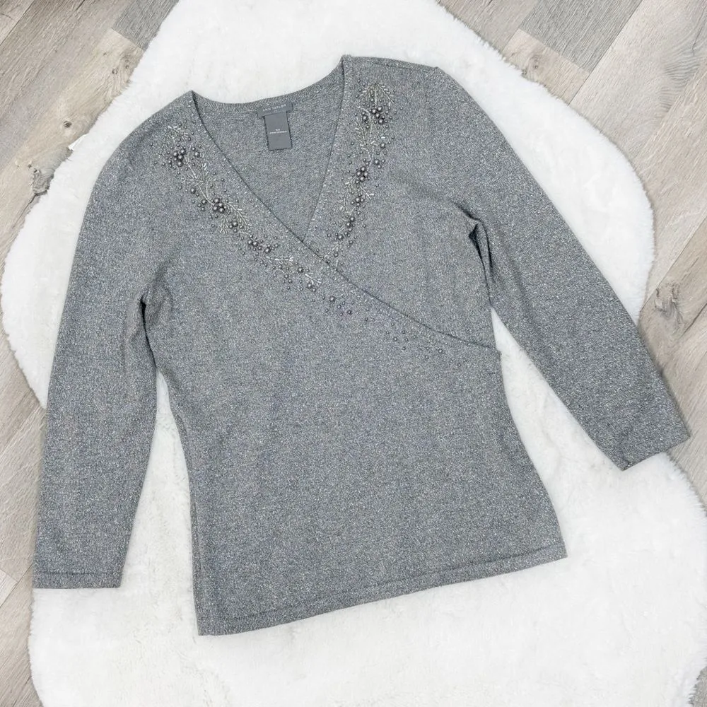 Ann‎ Taylor Metallic Shimmer Beaded Faux Wrap Sweater Silver Grey XS - Image 12