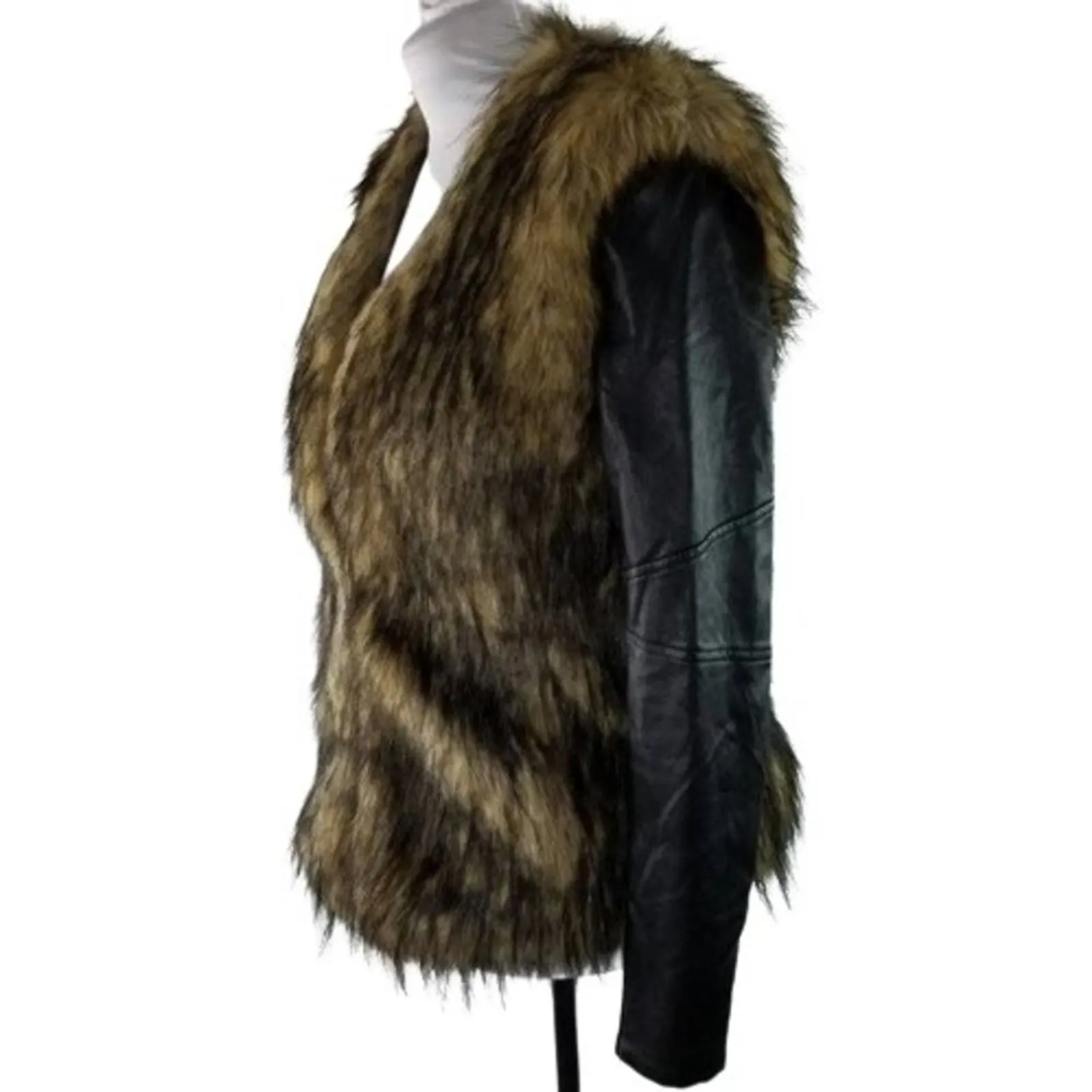 Bardot Womens Faux Fur Leather Long Sleeves Jacket Coat Black Tan Size 6 - Image 4