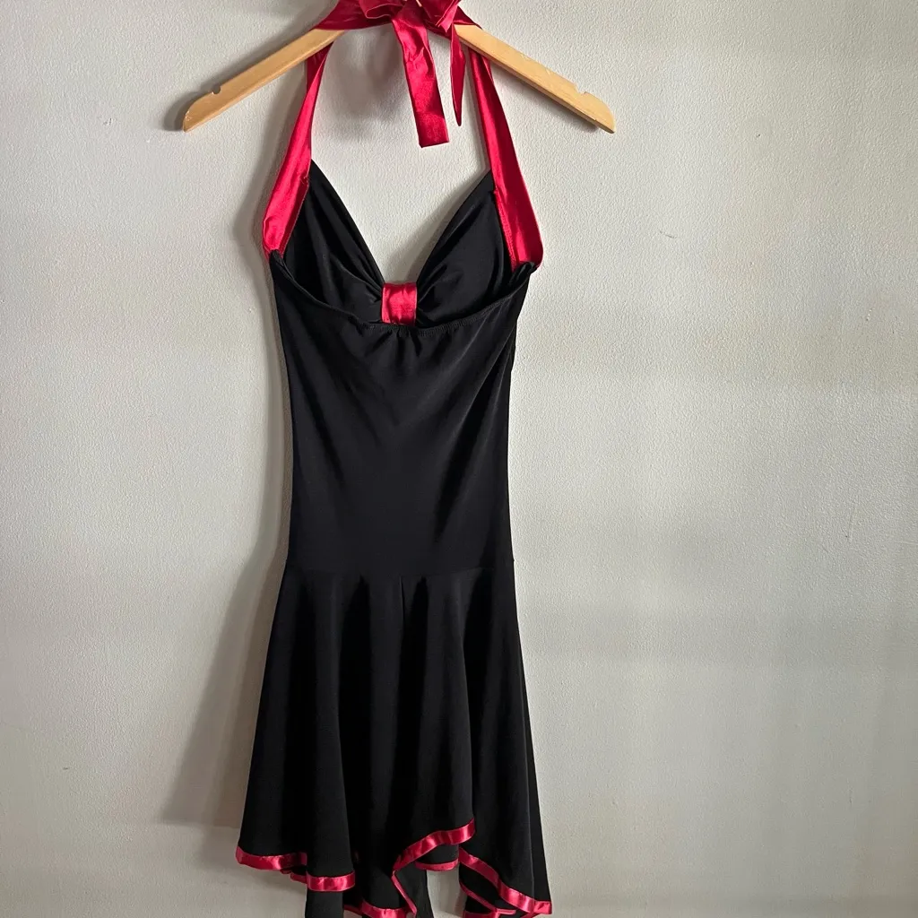 Y2K Taboo Black Red Halter Dress Satin Trim Jersey Stretch Pin Up XS - Image 10