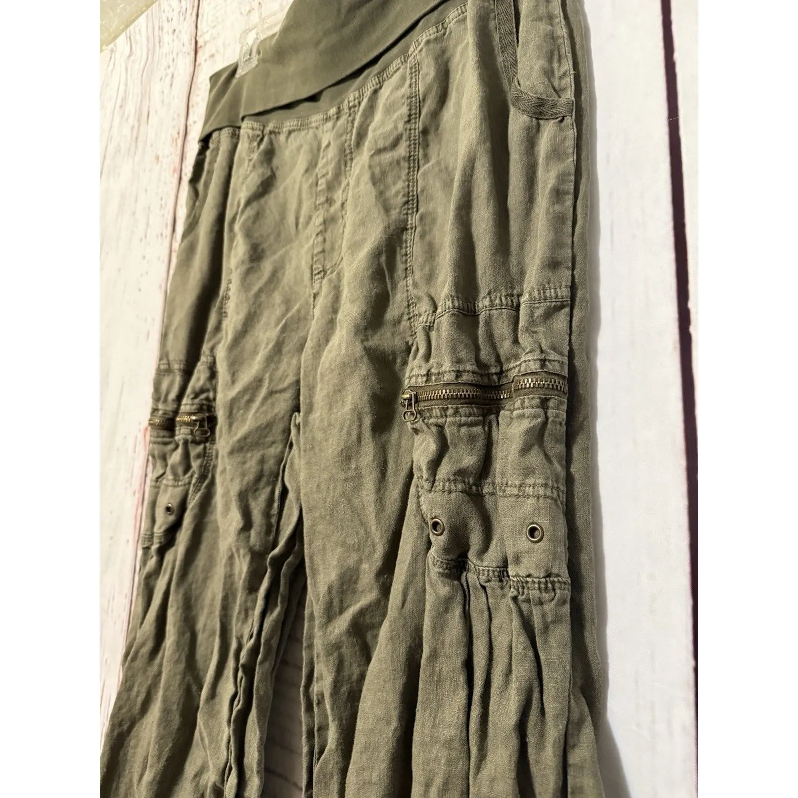 XCVI Pasquel Pant Raw Hem Wide Leg 100% Linen Pull On Foldwaist Green Size Large - Image 5