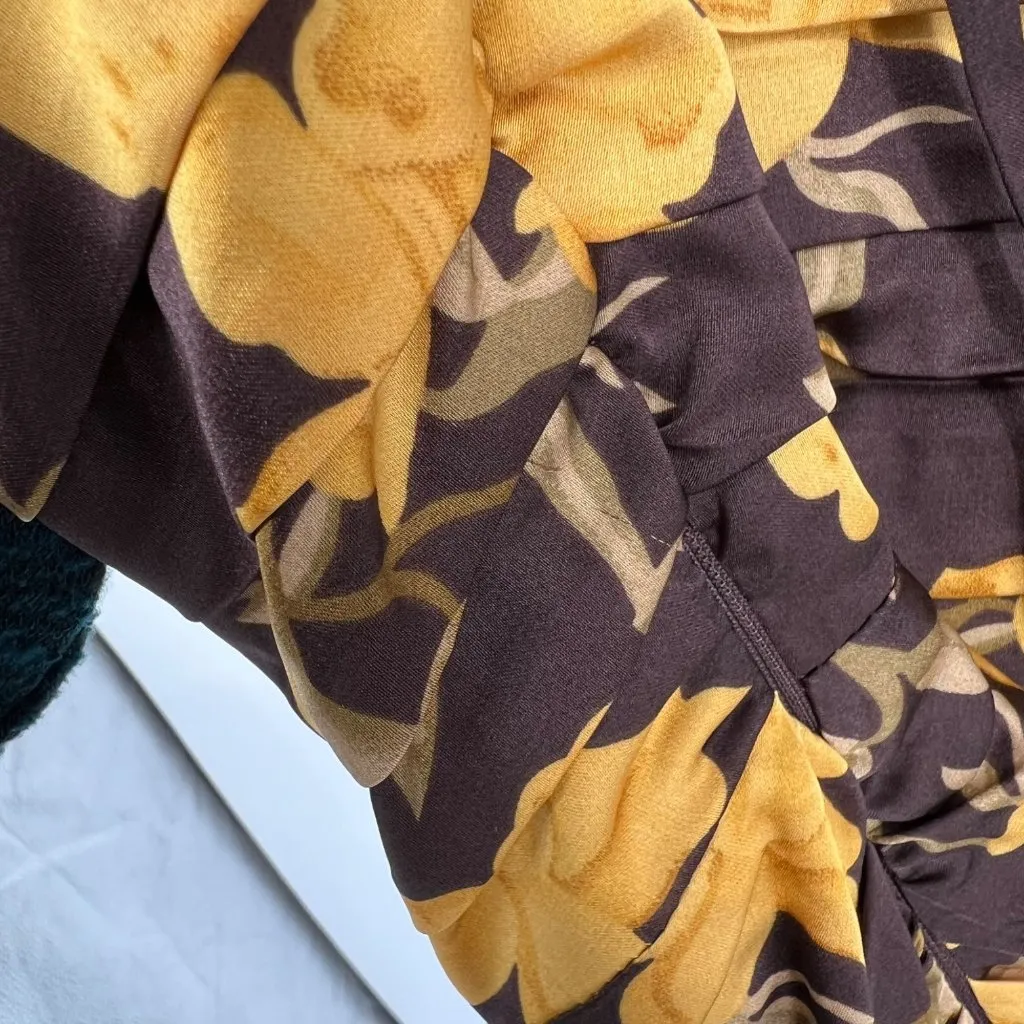 Floret Studios Floral Long Sleeve Ruched Square Neck Dress Yellow Brown XS NWOT - Image 10
