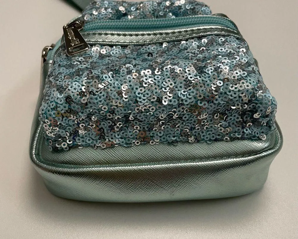 Disney Parks Loungefly Mini Backpack Minnie Bow Wristlet Sequin Green Silver - Image 6