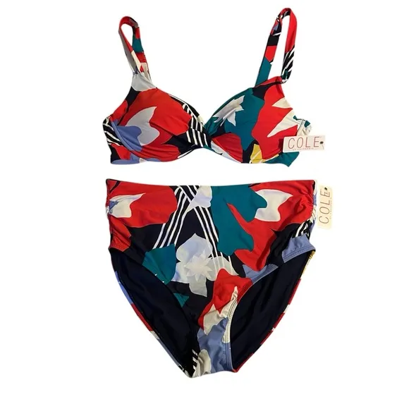 Cole Of California 2 Piece Bikini High Cut Bottom Twist Underwire Top Womens 14 Red - Image 1