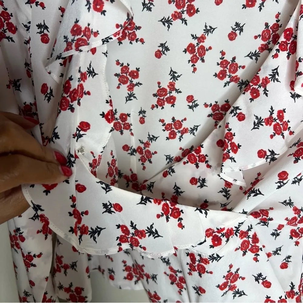 Intermix Silk Romantic Floral Ruffle V-Neck Crop Sheer Chiffon Faux Wrap‎ Top - Image 7