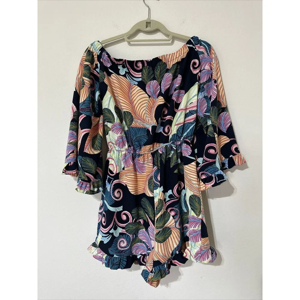 Nicole Miller Studio Off The Shoulder Floral Romper Ruffle Hem Size 6 - Image 2
