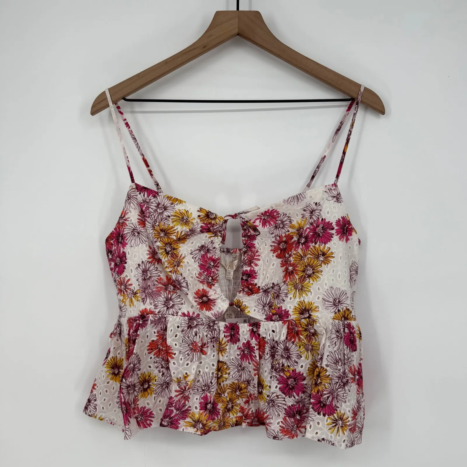 Waverly‎ Eyelet Floral Cami Top Peplum Cutout Magenta Daisies XL White - Image 2