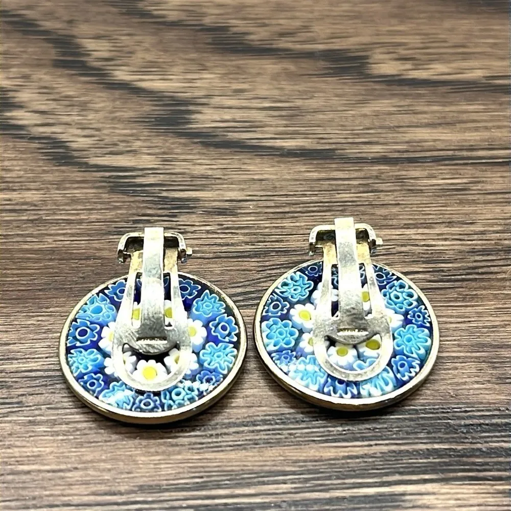 Rare Nicolis Cola Vermeil Sterling Round Millefiori Murano Glass Clip Earrings Blue - Image 7