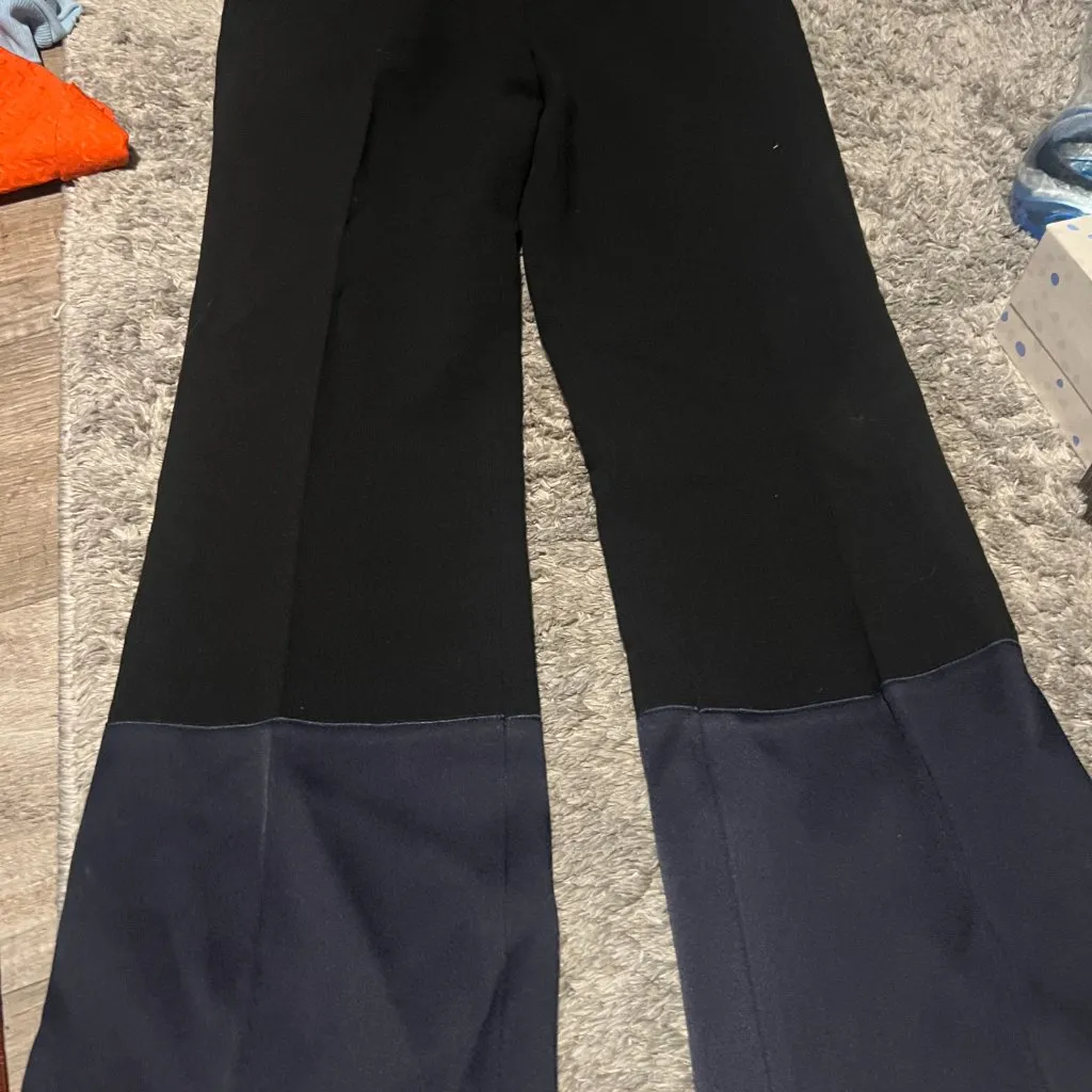 NWT Derek Lam Black Virgin Wool Crepe Trousers with Navy Blue Satin Trim Size 6 - Image 5