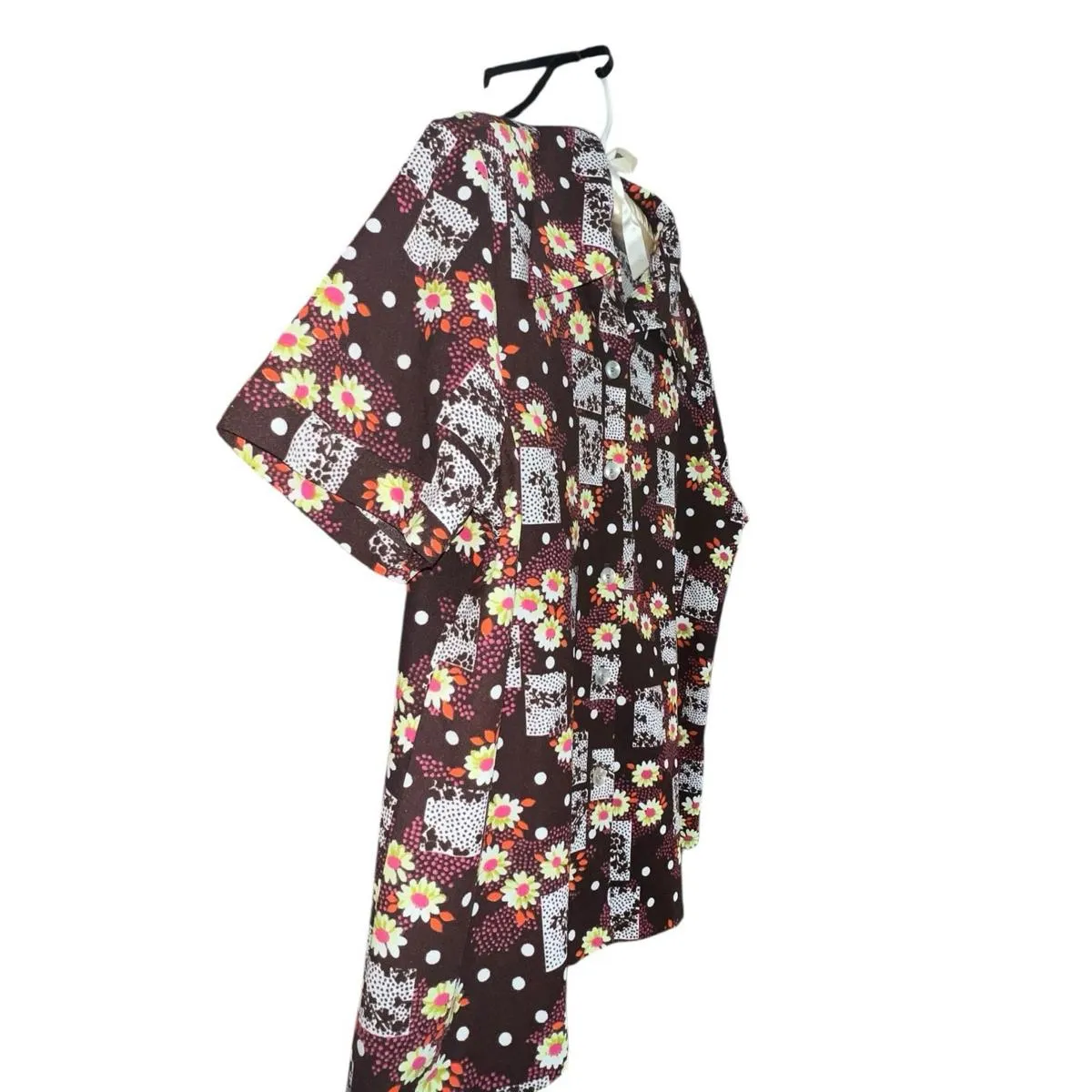 Vintage 70s Floral Short Sleeve Double Knit Polyester Grannycore Shirt 22” Chest Brown Size L - Image 5