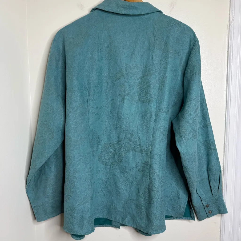 Lemon Grass Woman Button Down Shirt Faux Suede Size 2X Paisley V Neck Blue - Image 7