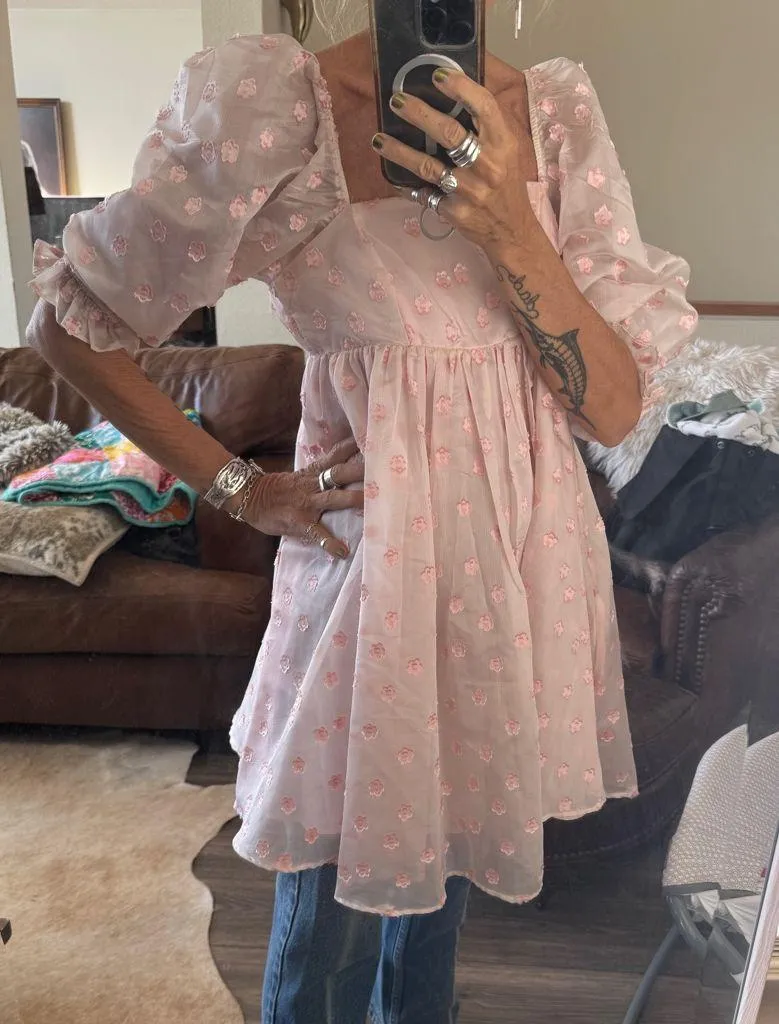 Storia Pink babydoll Sheer Floral Dress size small new - Image 3