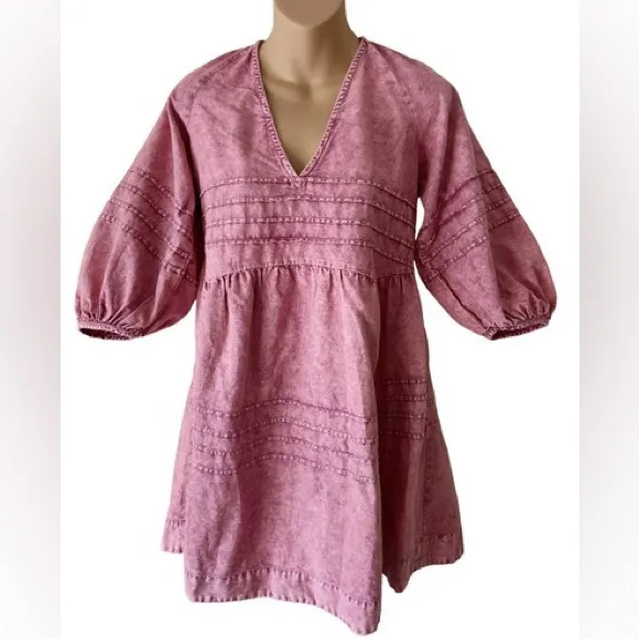 Mustard Seed Pink Boho Babydoll Mini Dress with V-Neck Size Small - Image 2