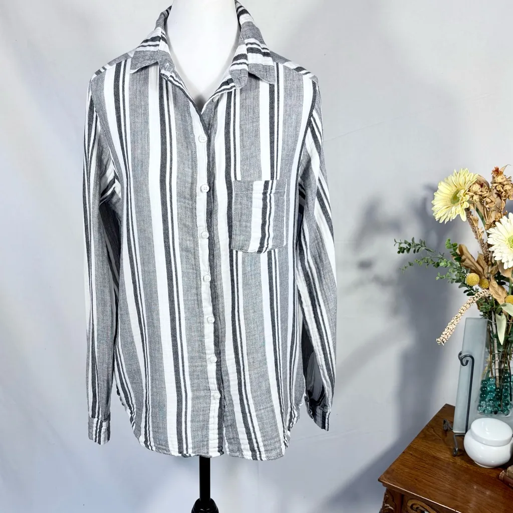 STARK X Double Layer Gauze Cotton Striped Button Up Shirt Size M 💛 Gray Size M - Image 2