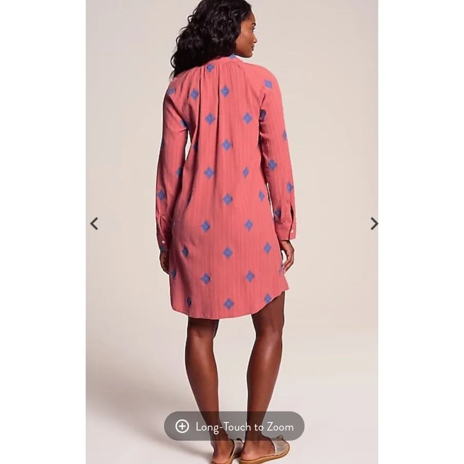 J. Jill PureJill XS Shirt Dress Long Sleeve Coral Embroidered Print Boho Cottage Pink - Image 5