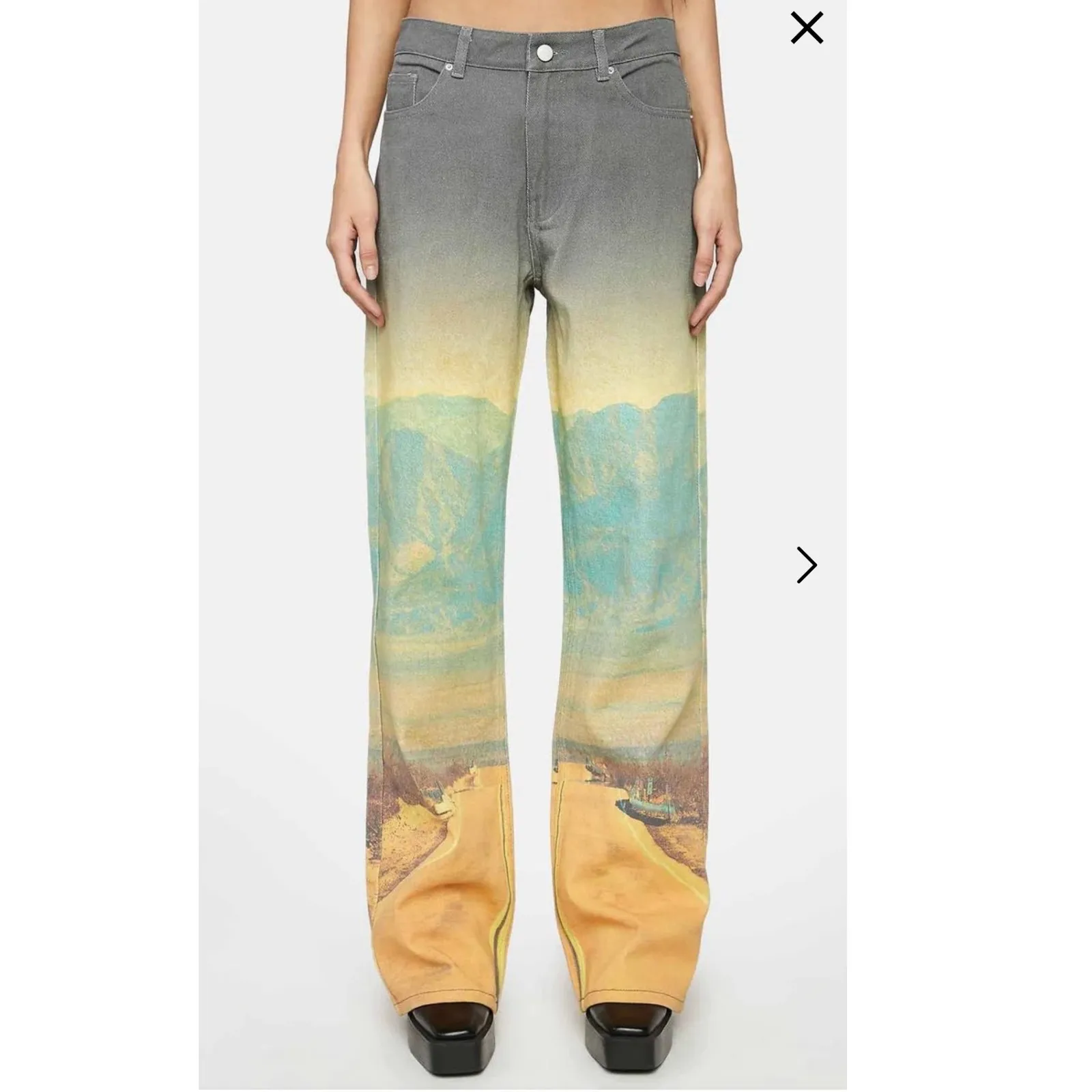 The Kript Landscape Graphic Print Jeans, Route 66, Streetwear Pants SZ S - Image 2