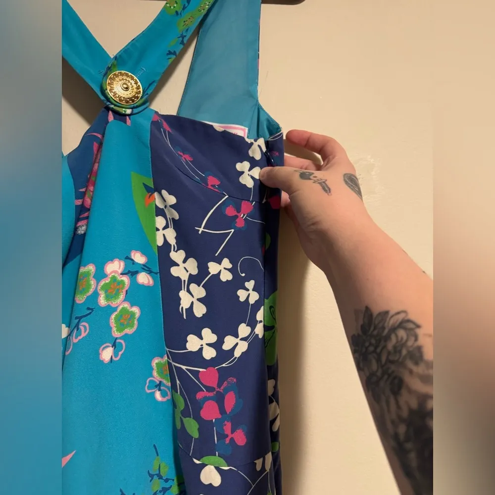 Preloved Versace for H&M Blue and Purple Floral Silk Dress size 8 - Image 4