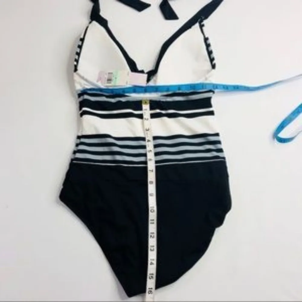 JAG Striped One Piece‎ Halter Swimsuit NEW White Size 8 - Image 5