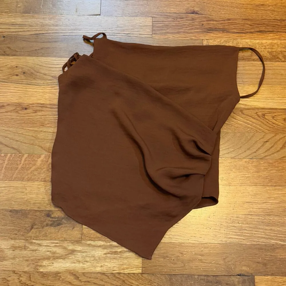 Topshop Women’s 2 Brown Asymmetrical Strappy Draped Cowl Neck Cami Top Going Out - Image 3