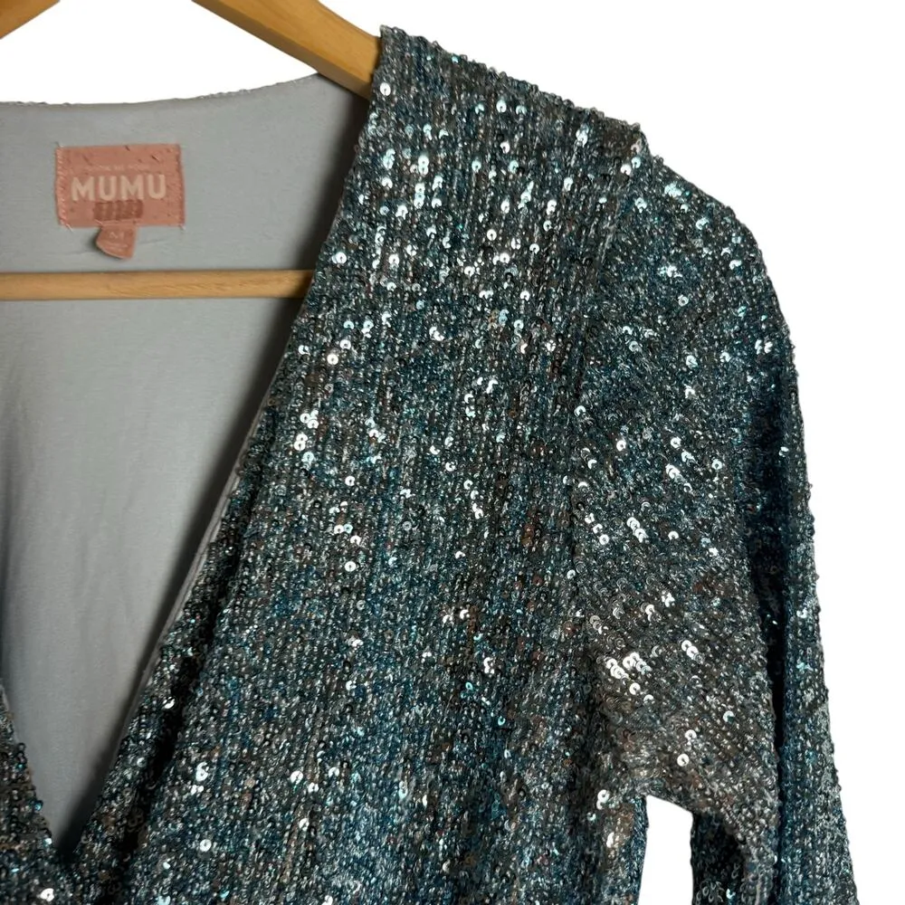 Show Me Your MuMu Party Hop Blue Sequined Long Sleeve Ruched Mini Dress Size M - Image 8