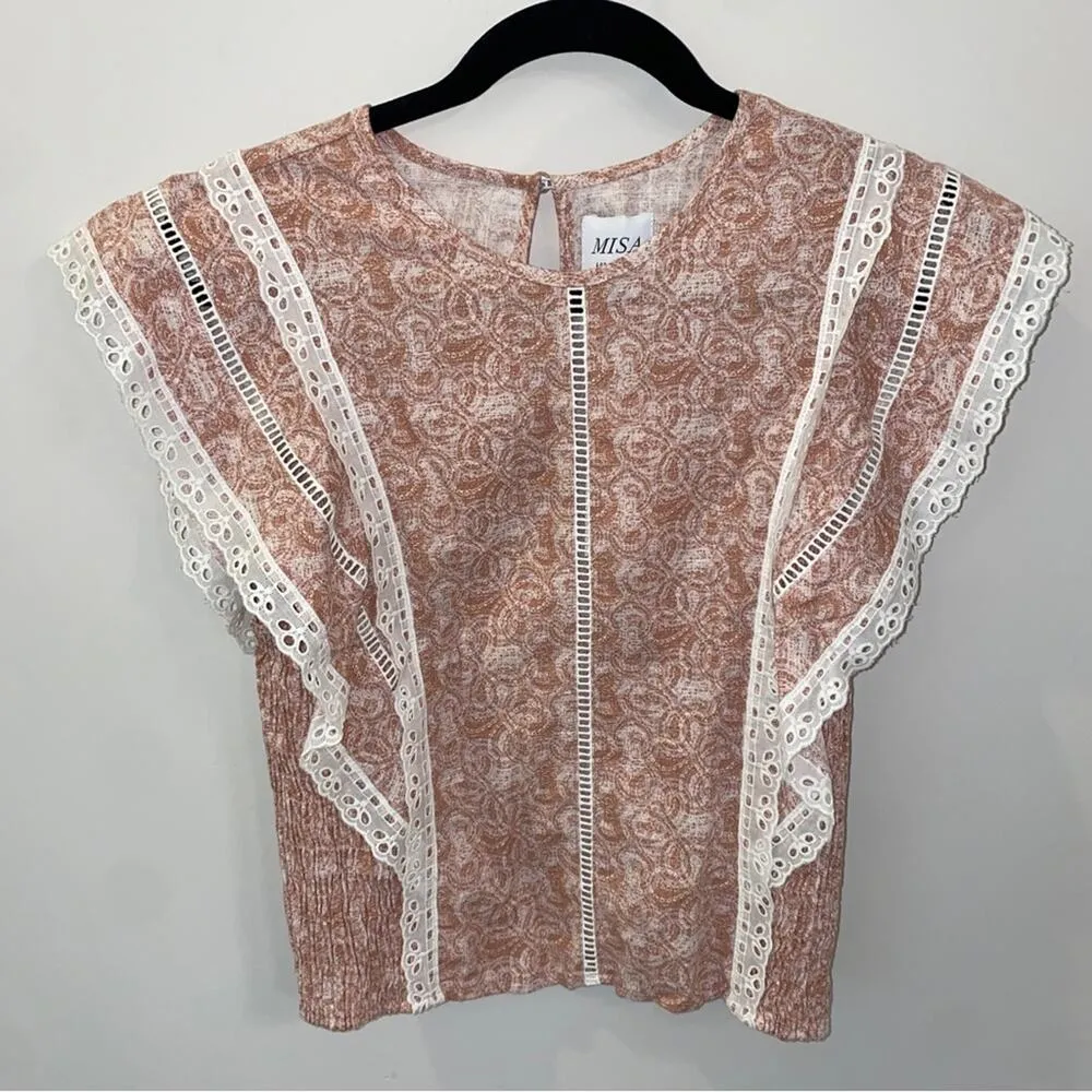 Misa Los Angeles Nilu Eyelet Lace Linen Top in Washed Tile Dusty Rose Small NWT - Image 3