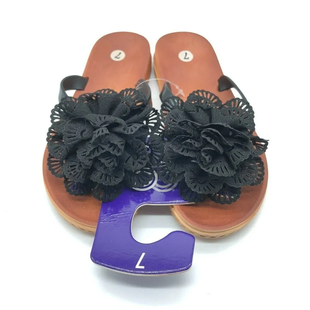 Cindy Claire Womens Sandals Flip Flops Floral Applique Black Brown Size 7 - Image 2