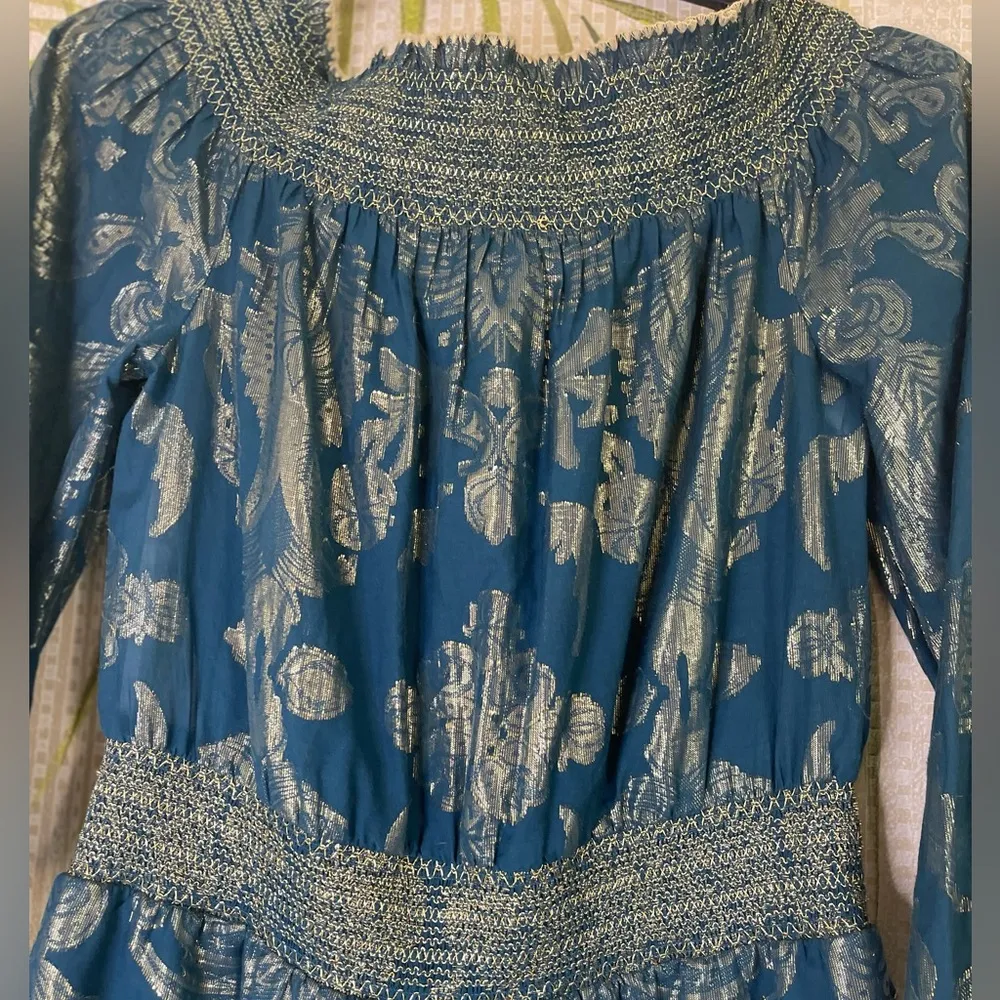 NWT Rachel Zoe silk romper blue and gold metallic Size M - Image 8