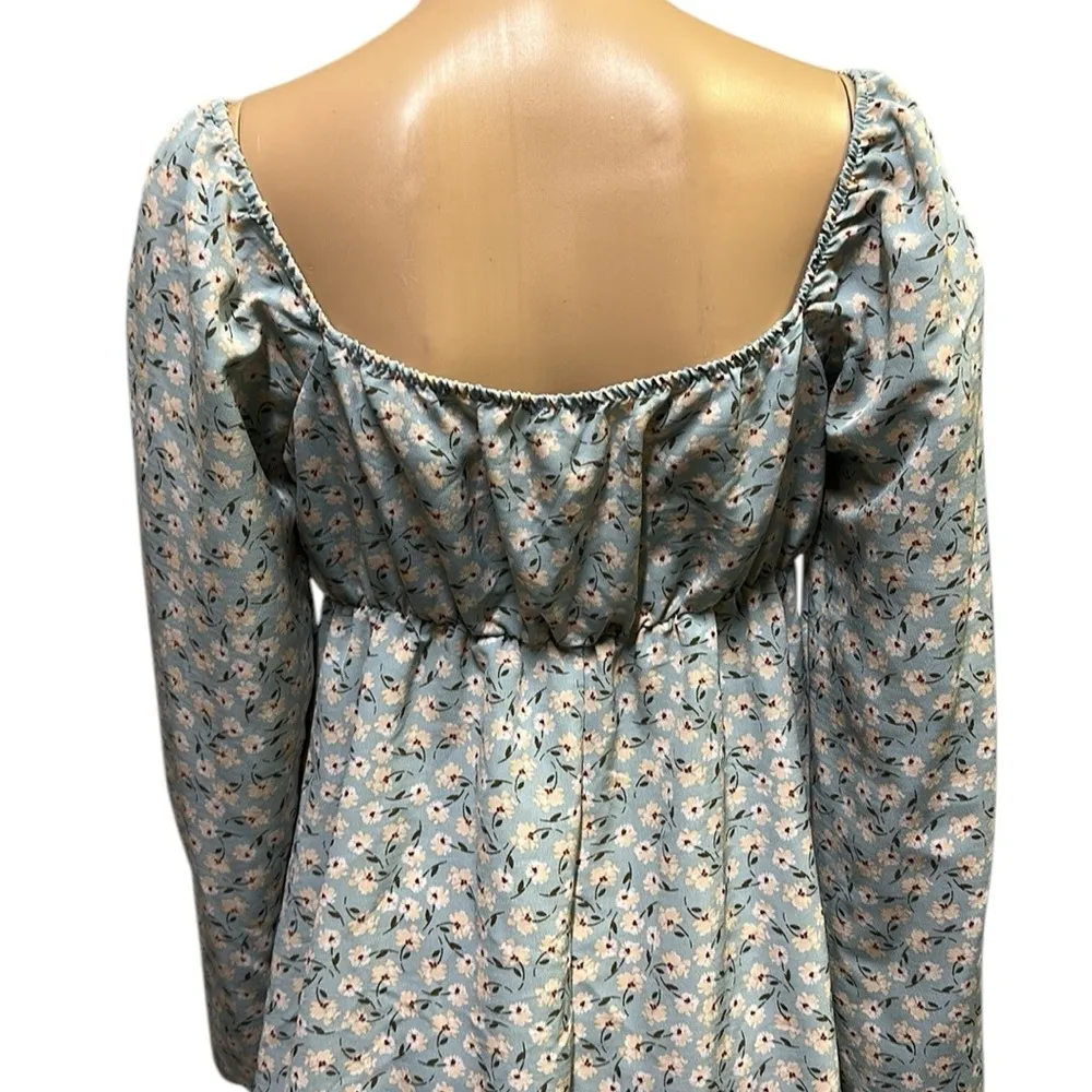 Lily Rose Light Blue Cream Floral Print Long Balloon Sleeve Mini Dress Womens M - Image 7