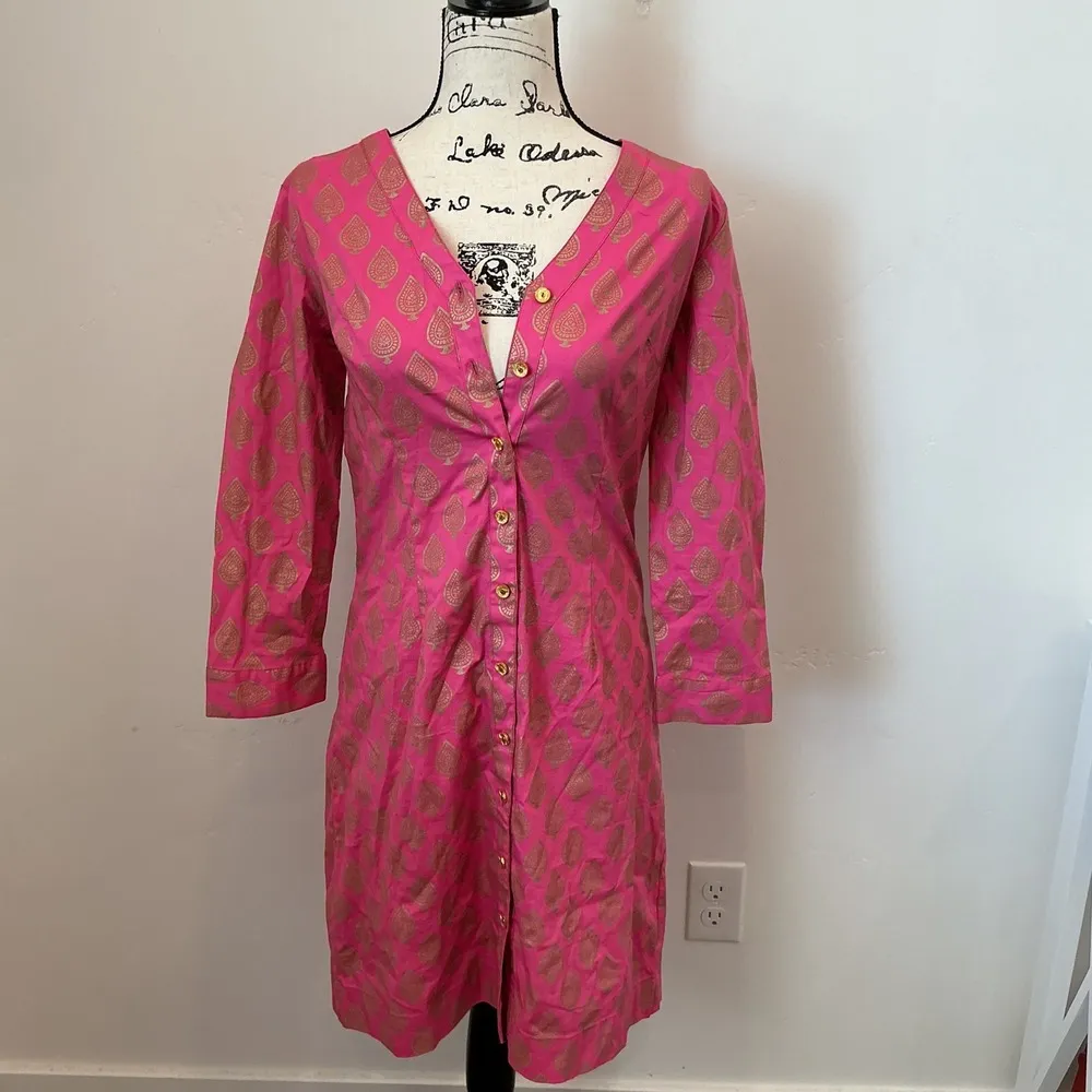 Almatrichi Dress Shirt Pink Gold Paisley Print 3/4 Sleeve Button Down sz M‎ Size M - Image 4