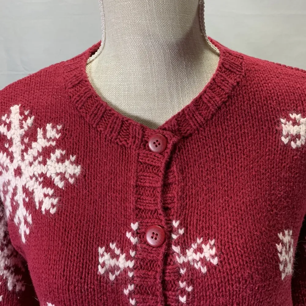 Vintage Nordic Red and White Snowflake Cardigan Sweater Size… - Image 3