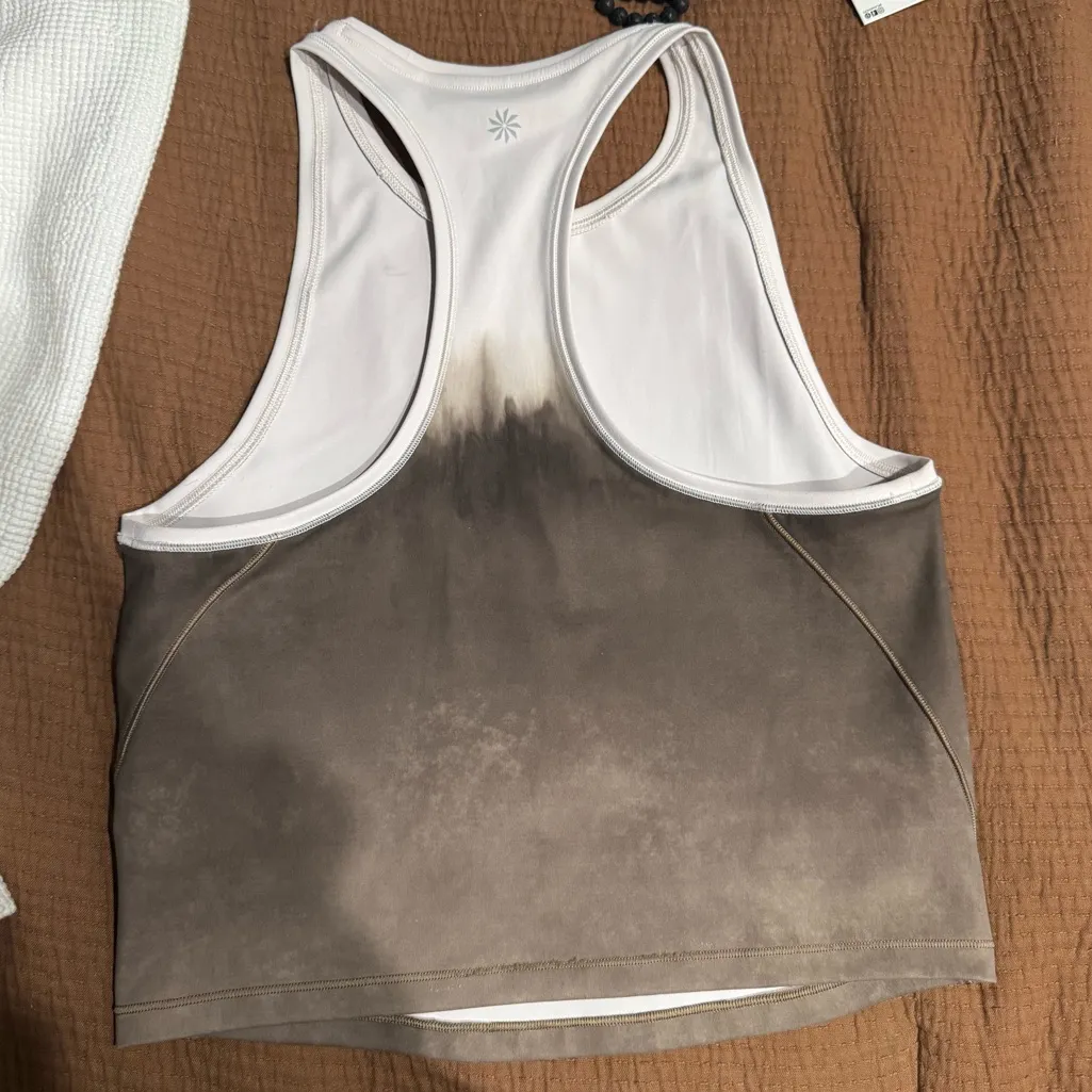 ATHLETA Brown White Shanti Watercolor Stripe Crop High Neck Tank Top Size Small - Image 3