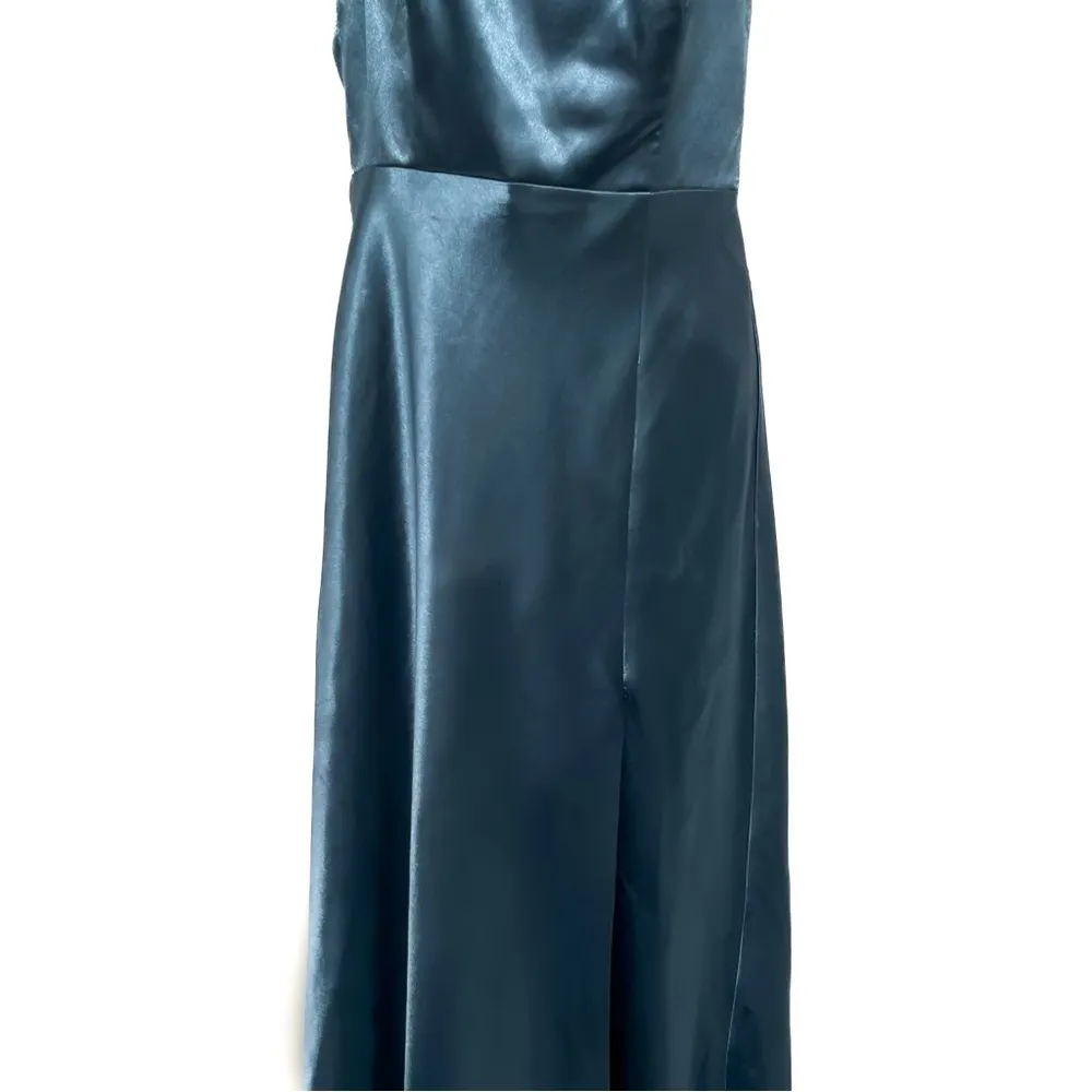 Birdy Grey Shiny Satin Kensie One Shoulder Maxi Gown Dress French Blue Small - Image 8