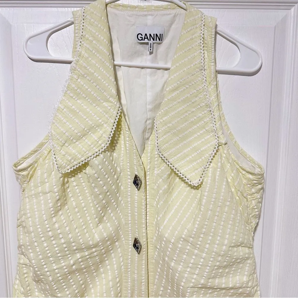 Ganni Seersucker Stripe Midi Dress Stripe Flan Size 14 Yellow - Image 7