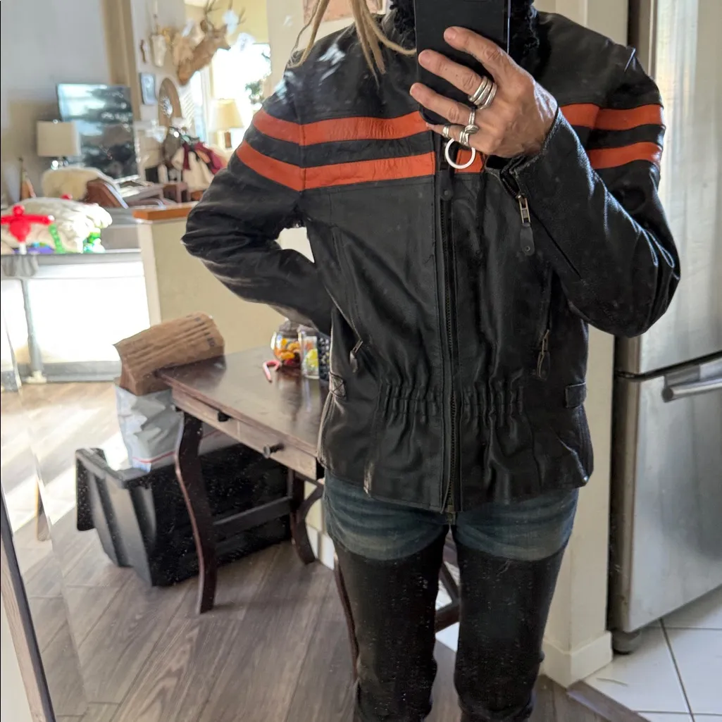 Vintage Black Leather motorcycle Jacket with Orange Stripes - Image 4