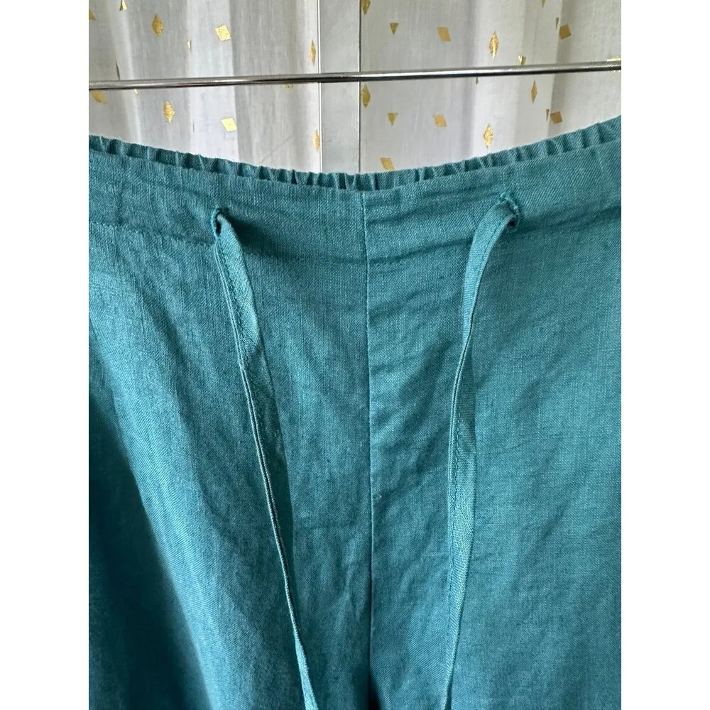 Mango Tango Women's 100% Linen Wide Leg Pull On Drawstring Trouser Pants L Green Size L - Image 4