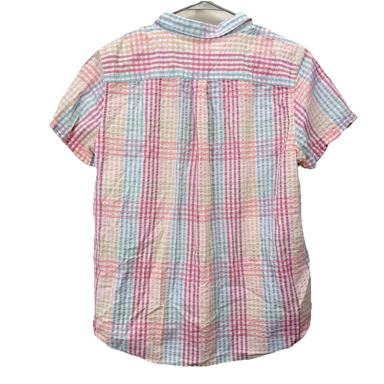 LL Bean Vacationland Seersucker Short‎ Sleeve Popover Plaid Shirt Size LARGE - Image 4