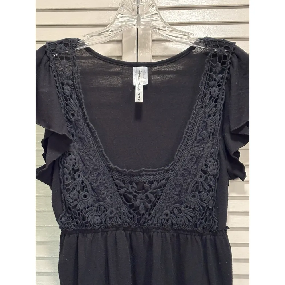 Heart & Soul Black Midi Crochet Short Flutter Sleeve Dress Size L Scoop Tie Back - Image 2