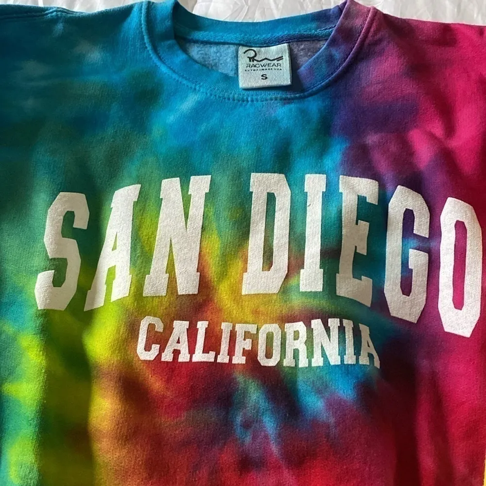 RagWear rainbow tie dye San Diego sweatshirt. Fleece lined. Size Small .NWT. Blue - Image 3