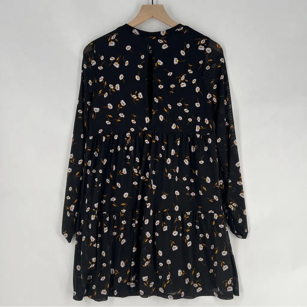 AFRM Noir Spring Floral Sheer Mesh Tiered Long Sleeve Mini Babydoll Dress Size M Black Size M - Image 12