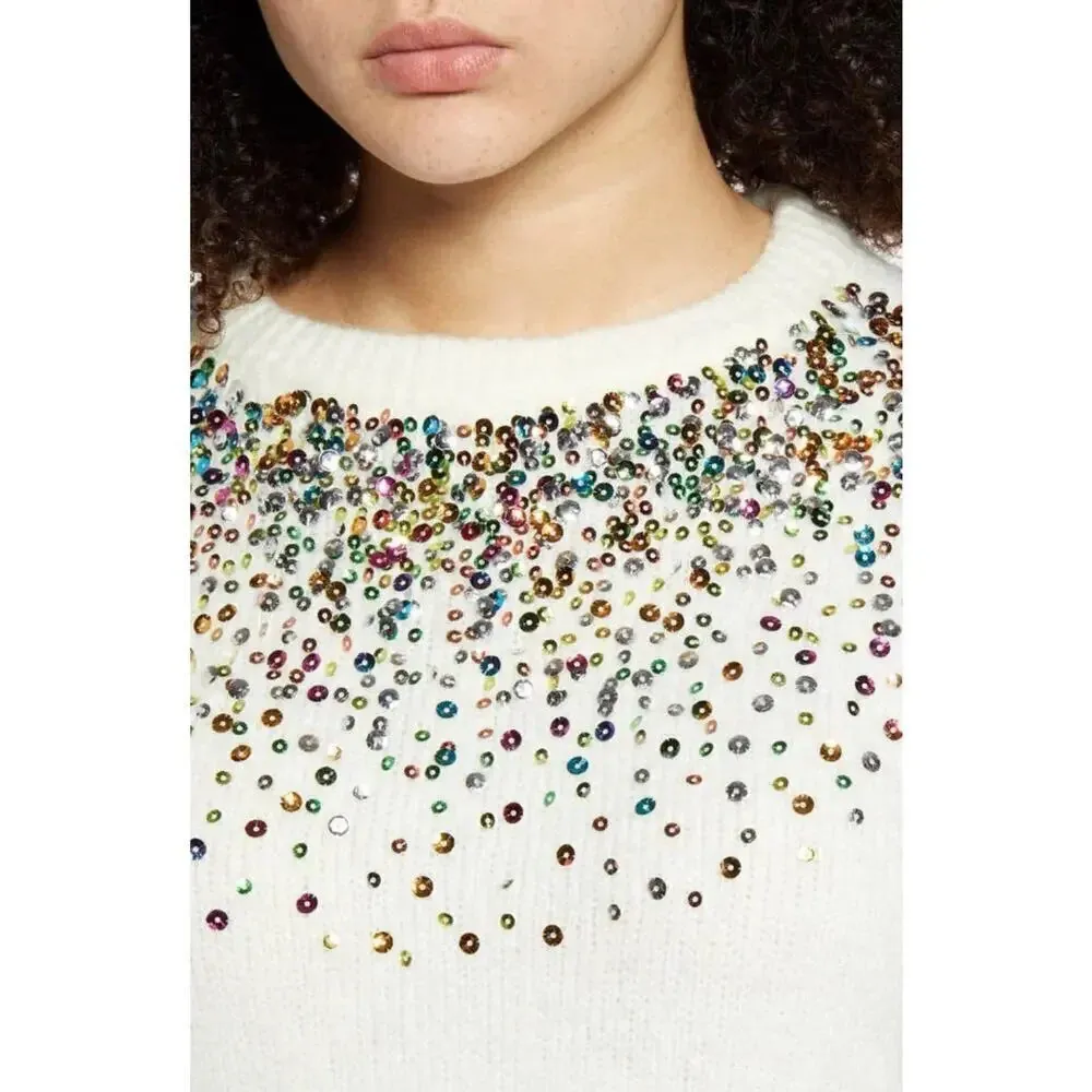 NEW Dreamers Women's Size Large Sequin Front Ivory Sweater - Image 2