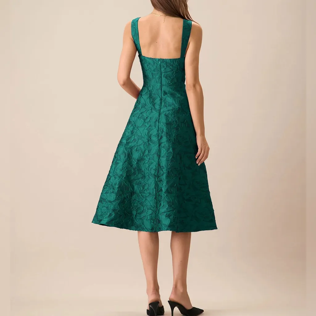 Rihoas Green Sweetheart Neck Jacquard Midi Dress Size XS - Image 4