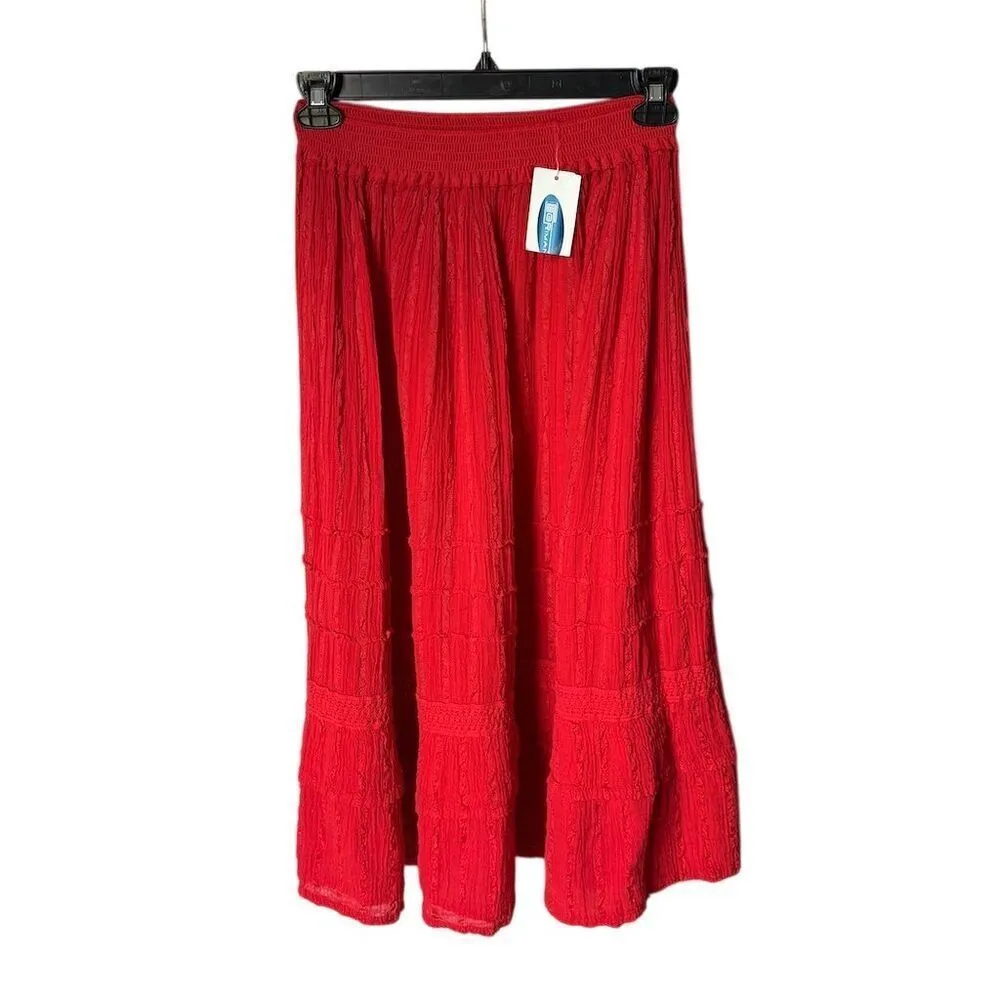 Y2K Red Cotton Textured Lace Trimmed Tiered Midi Skirt One Size Gypsy Boho Red Size L - Image 2