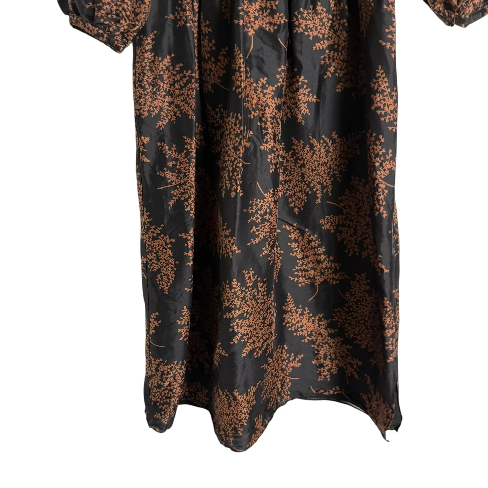 Rebecca Taylor Arden Black Floral Blouson Sleeve Scoop Ruched Silk Midi Dress XS - Image 10