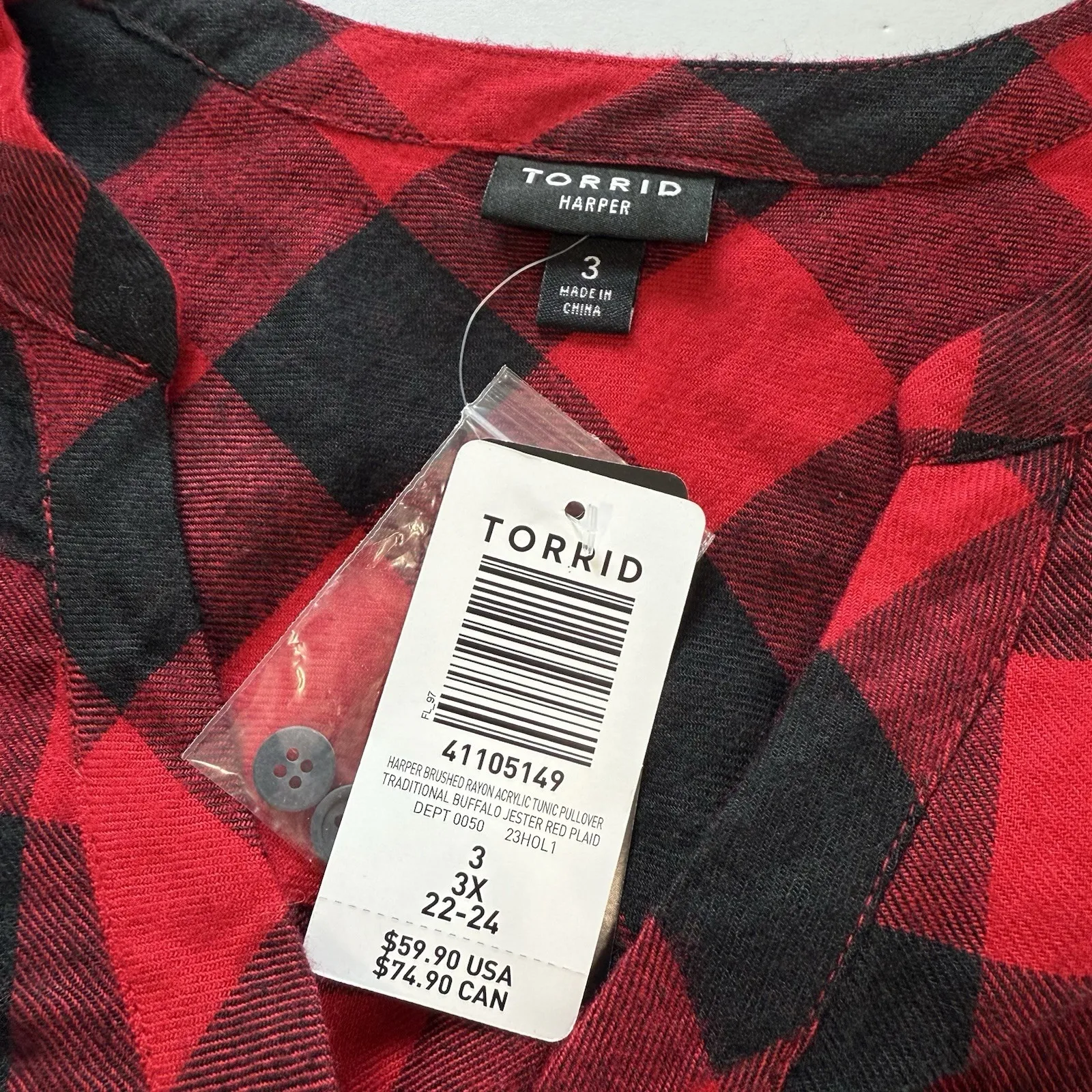 Torrid Lizzie Black Red Buffalo Plaid Twill Button Up‎ Long Sleeve Shirt Size 3X - Image 11